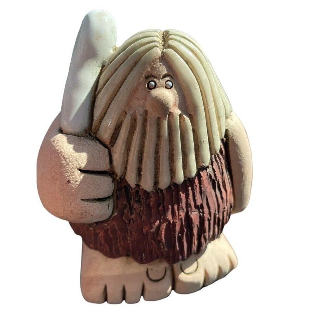 Vintage Signed Launa Fired Clay Caveman w/Bone Figure 4.5" HTF